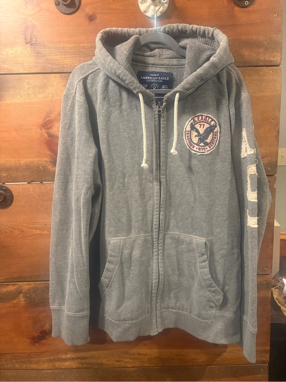 American Eagle Outfitters Men's Heather Gray Zip Hoodie with Patch